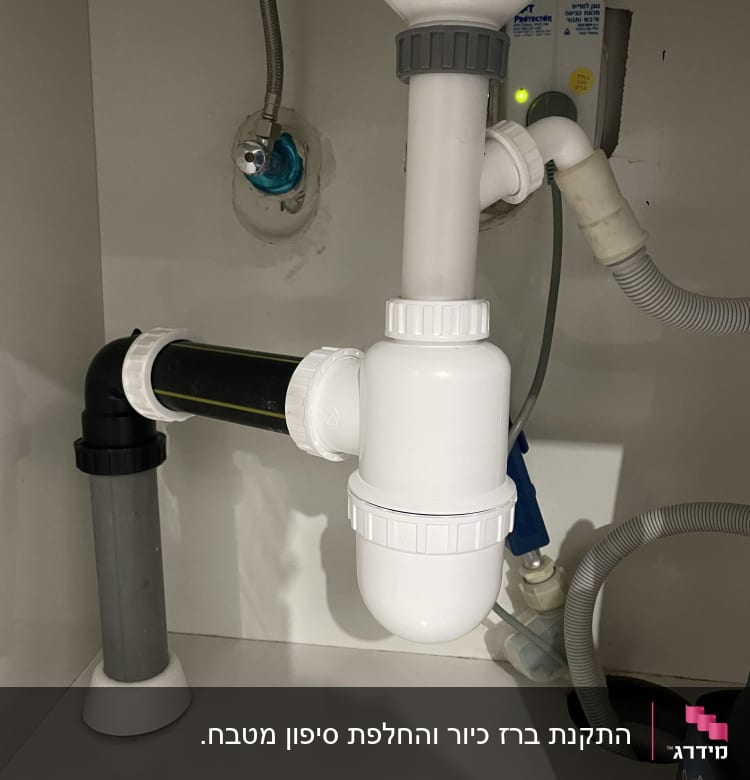 צנרת פלסטיק לבנה מתחת לכיור עם חיבורים